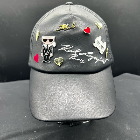 NWT Karl Lagerfeld Paris Hat Black Faux Leather Multiple Signature Embellishment - Picture 1 of 3
